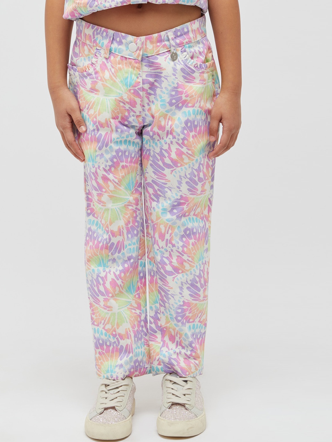 

One Friday Girls Abstract Printed Classic Pure Cotton Trousers, Purple