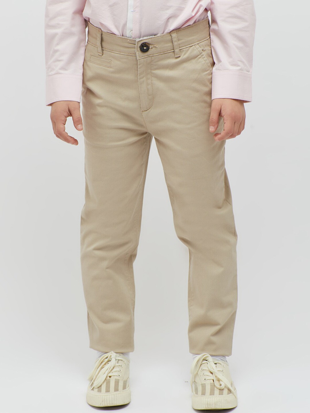 

One Friday Boys Micro Printed Classic Fit Pure Cotton Regular Trousers, Beige