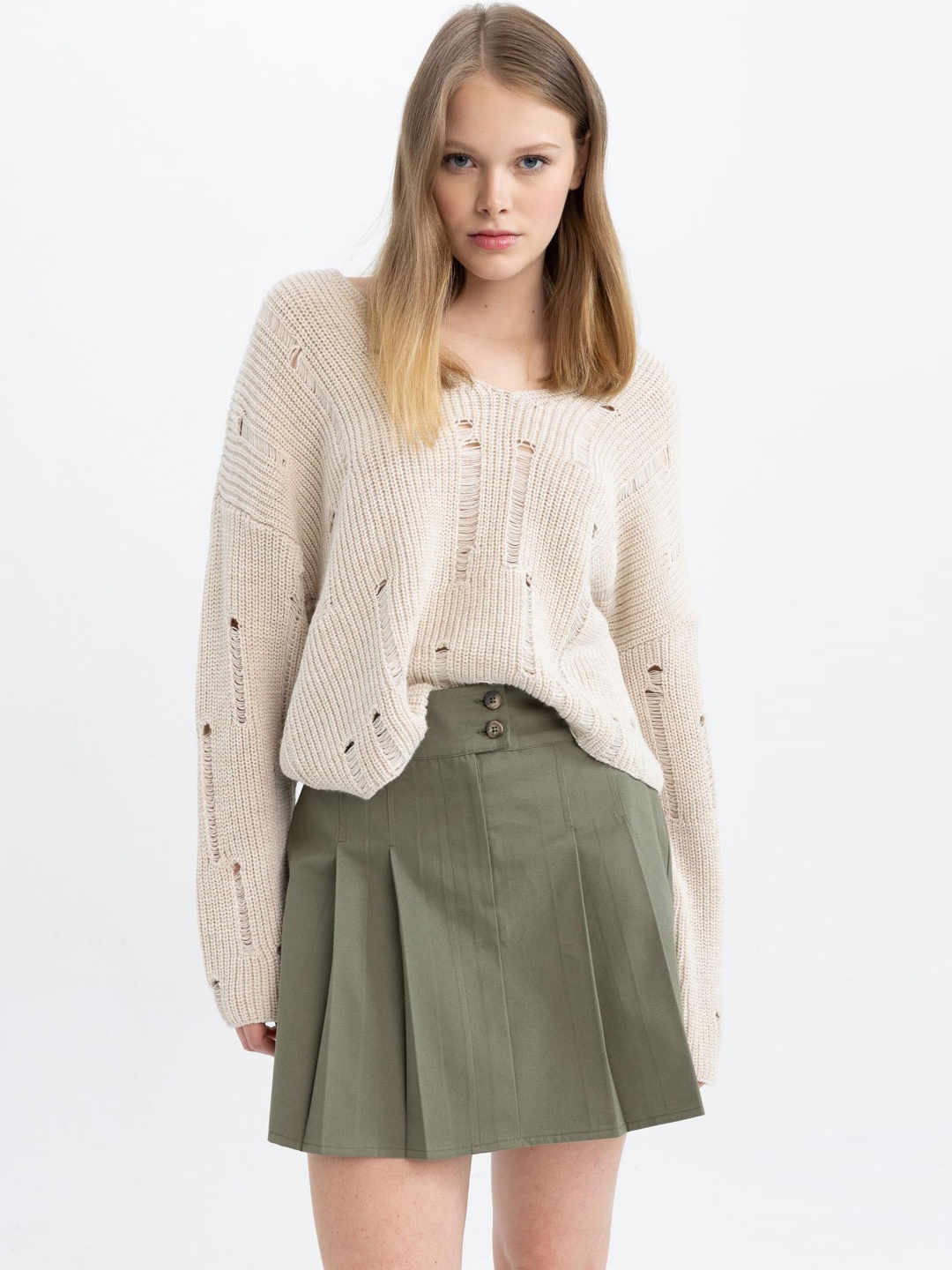 

DeFacto Pure Cotton A-Line Pleated Mini Skirt, Olive