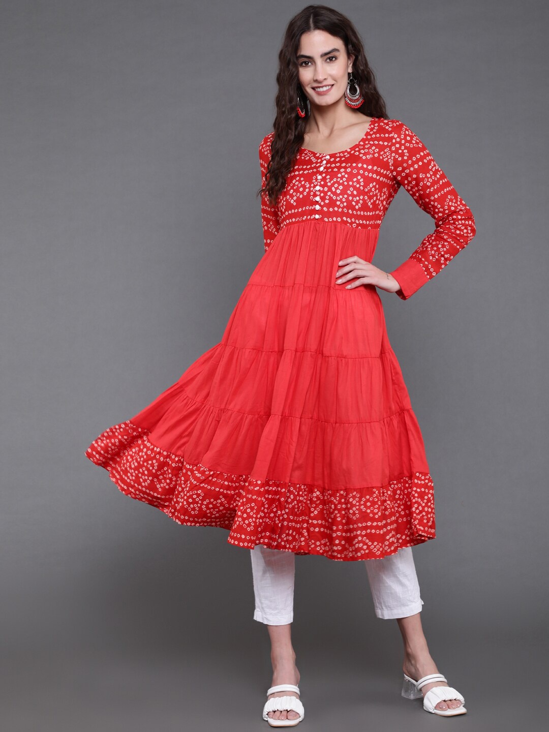 

antaran Bandhani Printed Cotton Tiered Anarkali Kurta, Red