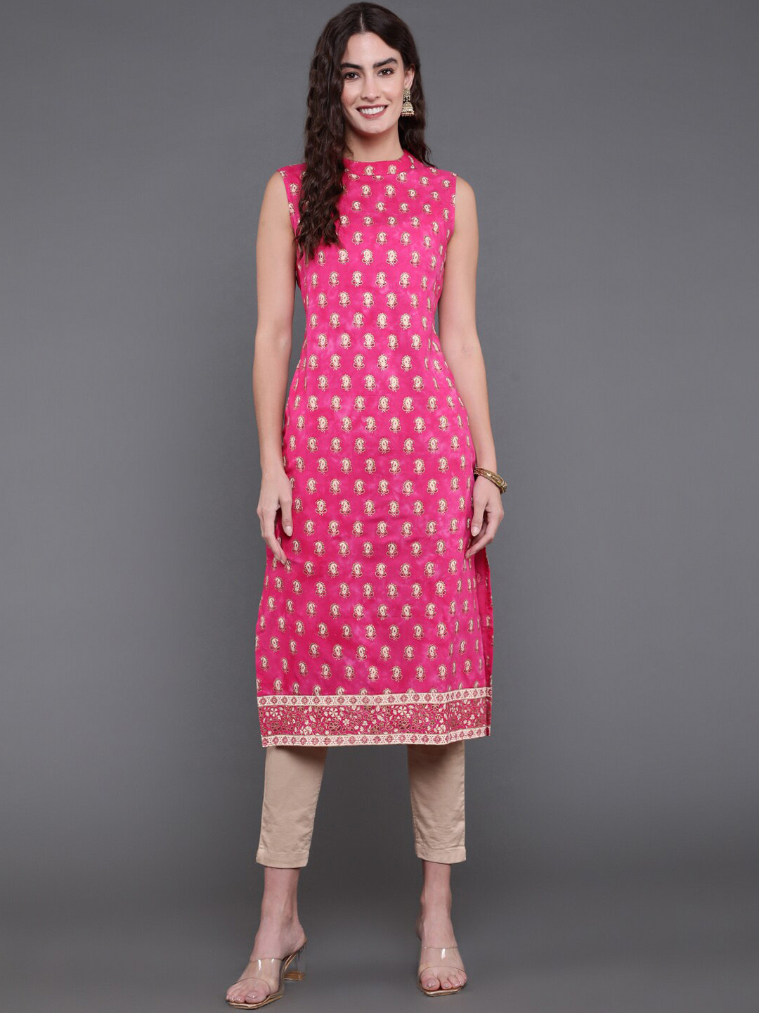 

antaran Ethnic Motifs Printed Band Collar Kurta, Pink