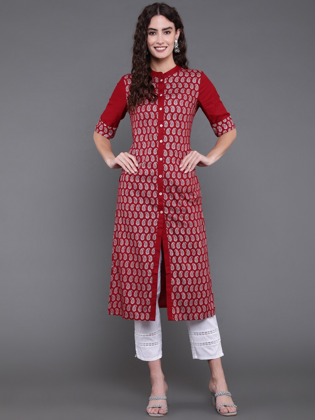 

antaran Ethnic Motifs Printed Mandarin Collar Kurta, Maroon