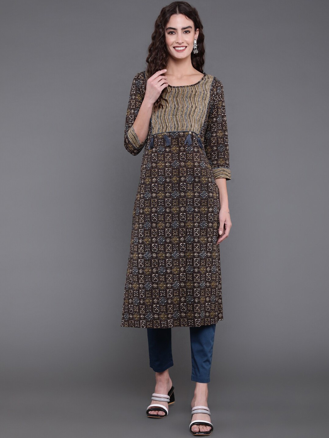 

antaran Ethnic Motif Printed Pure Cotton Kurta, Brown