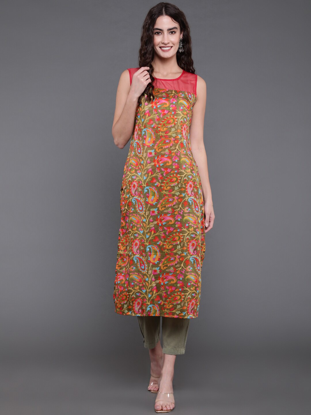 

antaran Ethnic Motif Printed Sleeveless Kurta, Olive