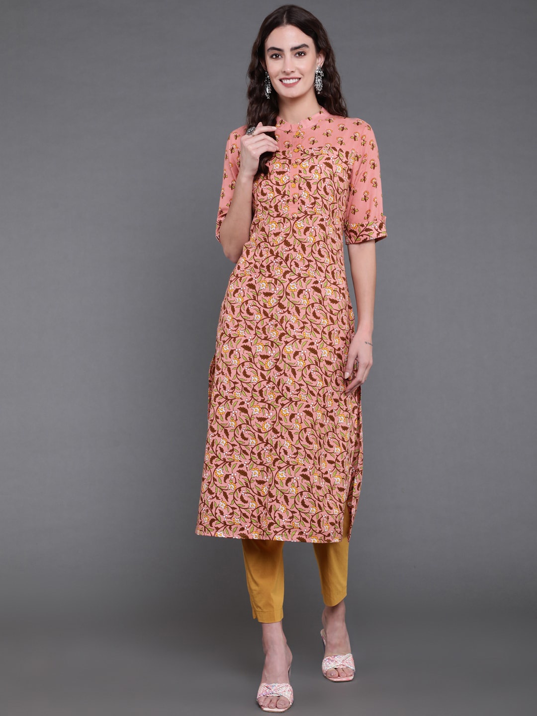 

antaran Ethnic Motifs Printed Band Collar Kurta, Peach