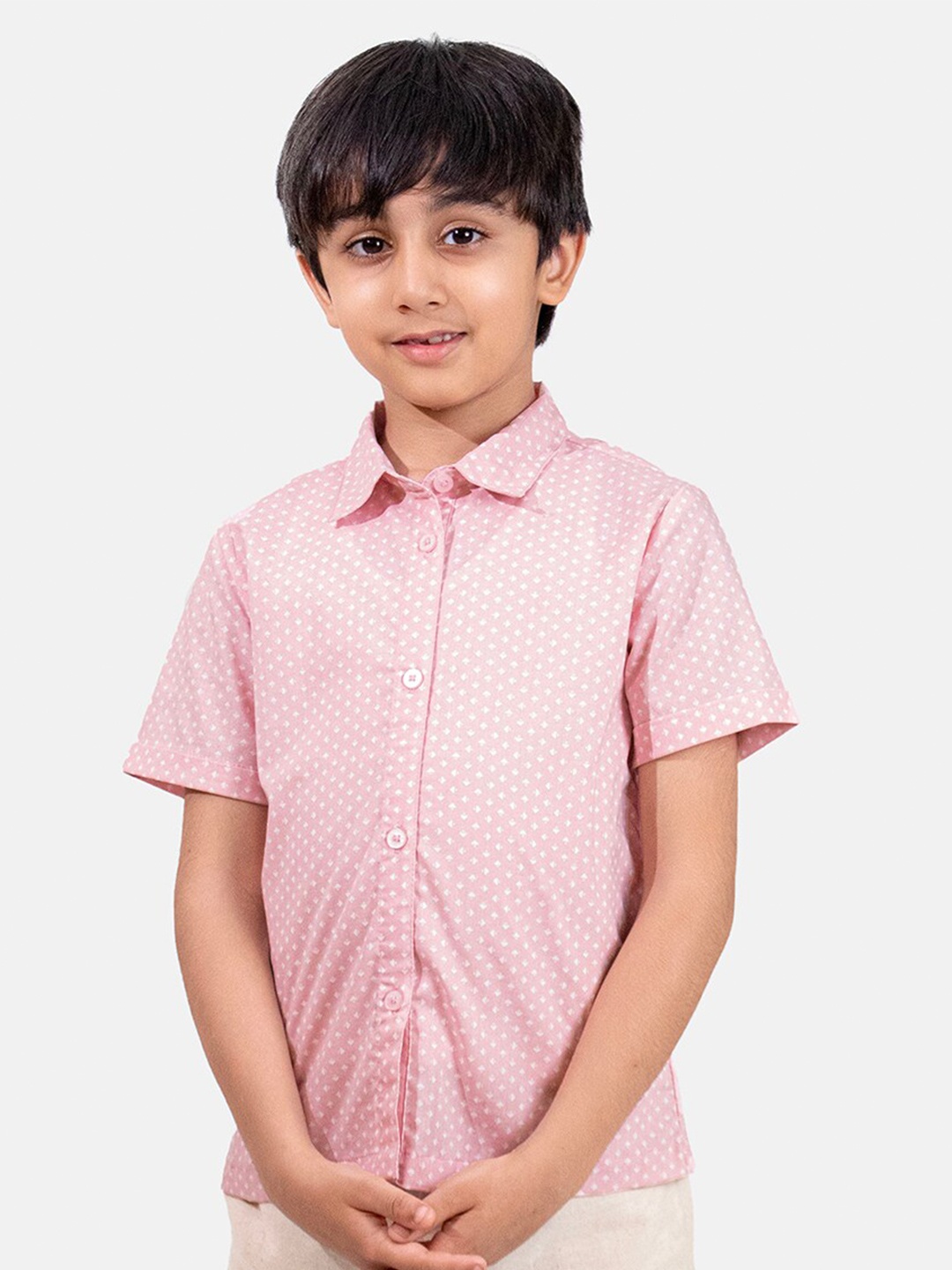 

Whistle & Hops Boys Classic Micro Ditsy Printed Spread Collar Pure Cotton Casual Shirt, Pink