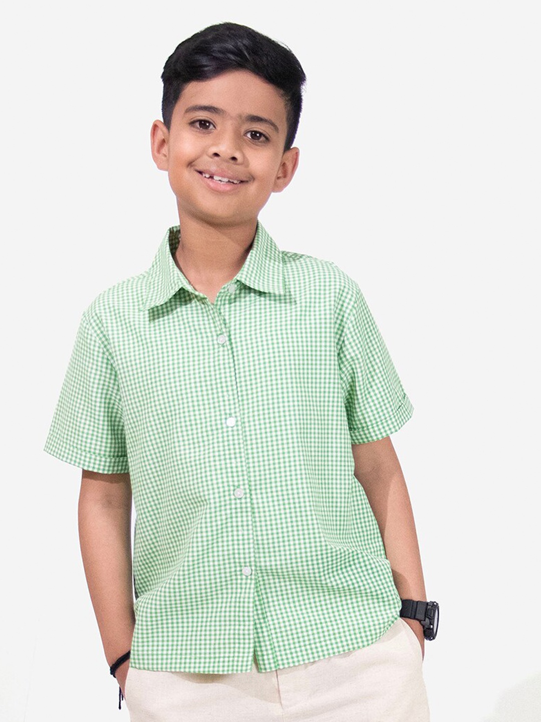

Whistle & Hops Boys Classic Checked Pure Cotton Casual Shirt, Green