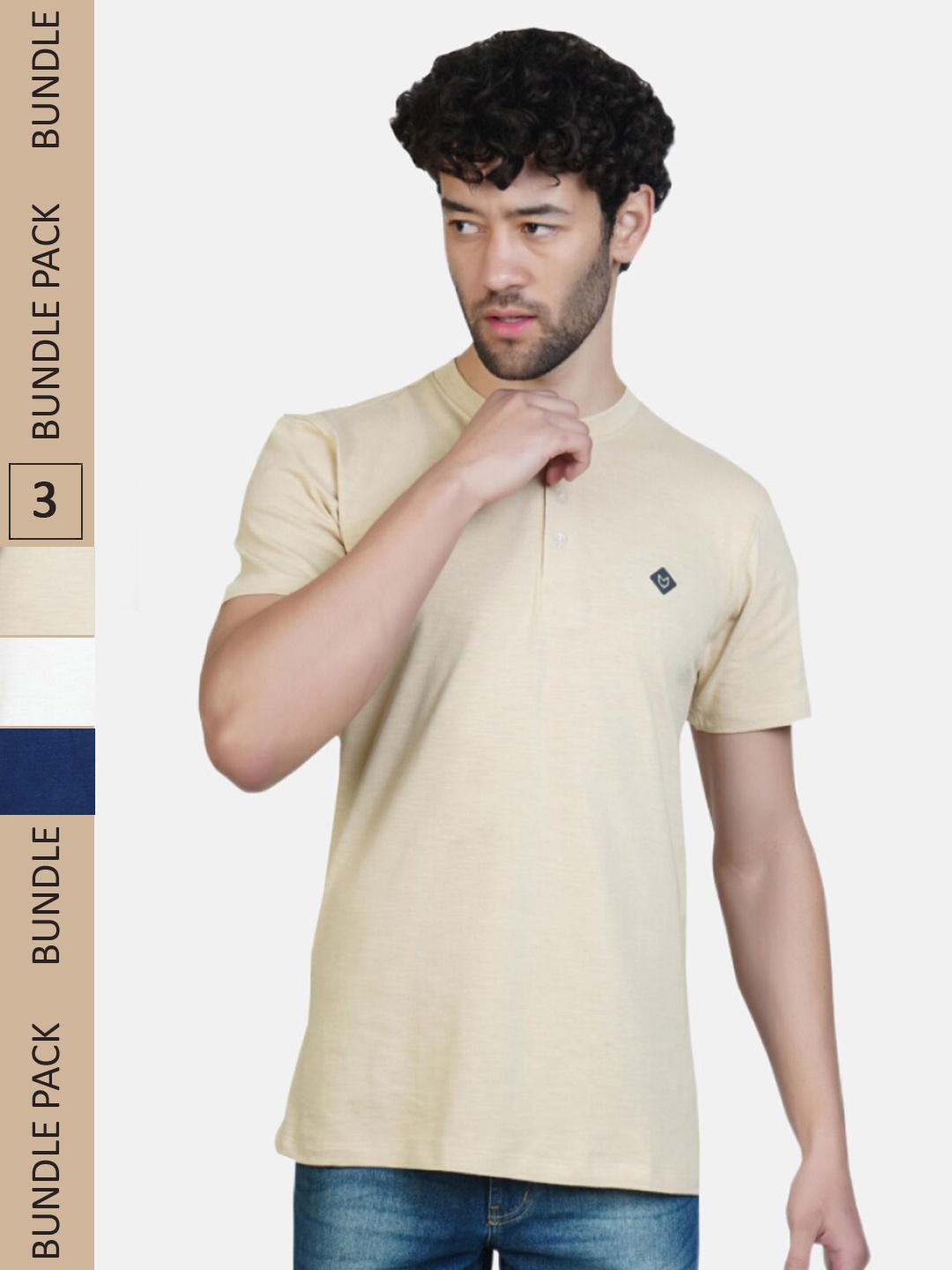 

Almo Wear Pack Of 3 Henley Neck Cotton T-Shirt, Beige