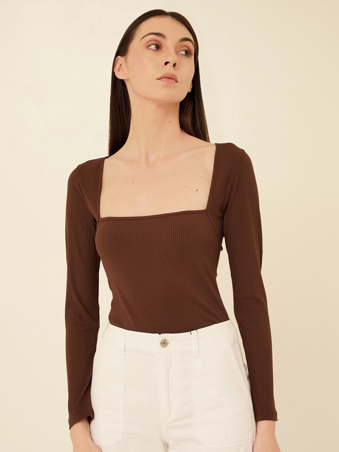 

MYWISHBAG Square Neck Long Sleeves Fitted Rip Top, Brown