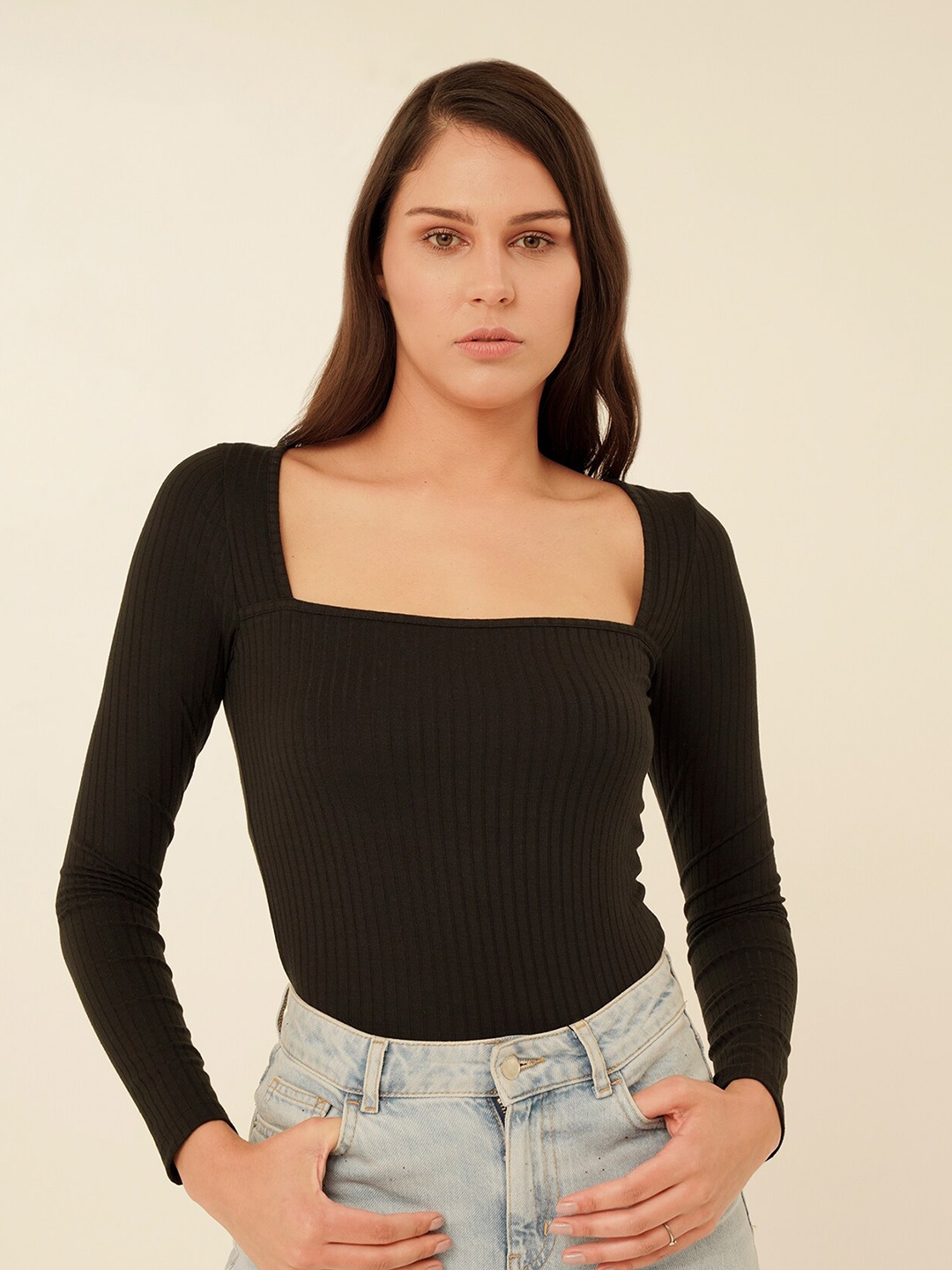 

MYWISHBAG Square Neck Long Sleeves Fitted Rip Top, Black