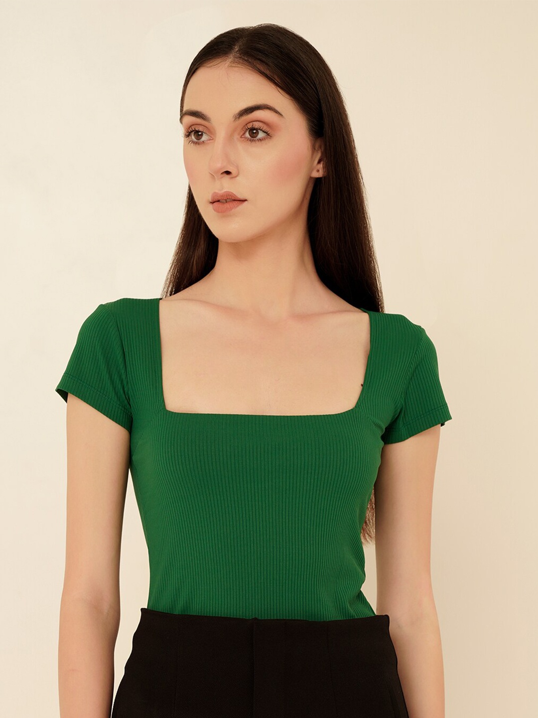 

MYWISHBAG Square Neck Short Sleeves Ribbed Fitted Top, Green