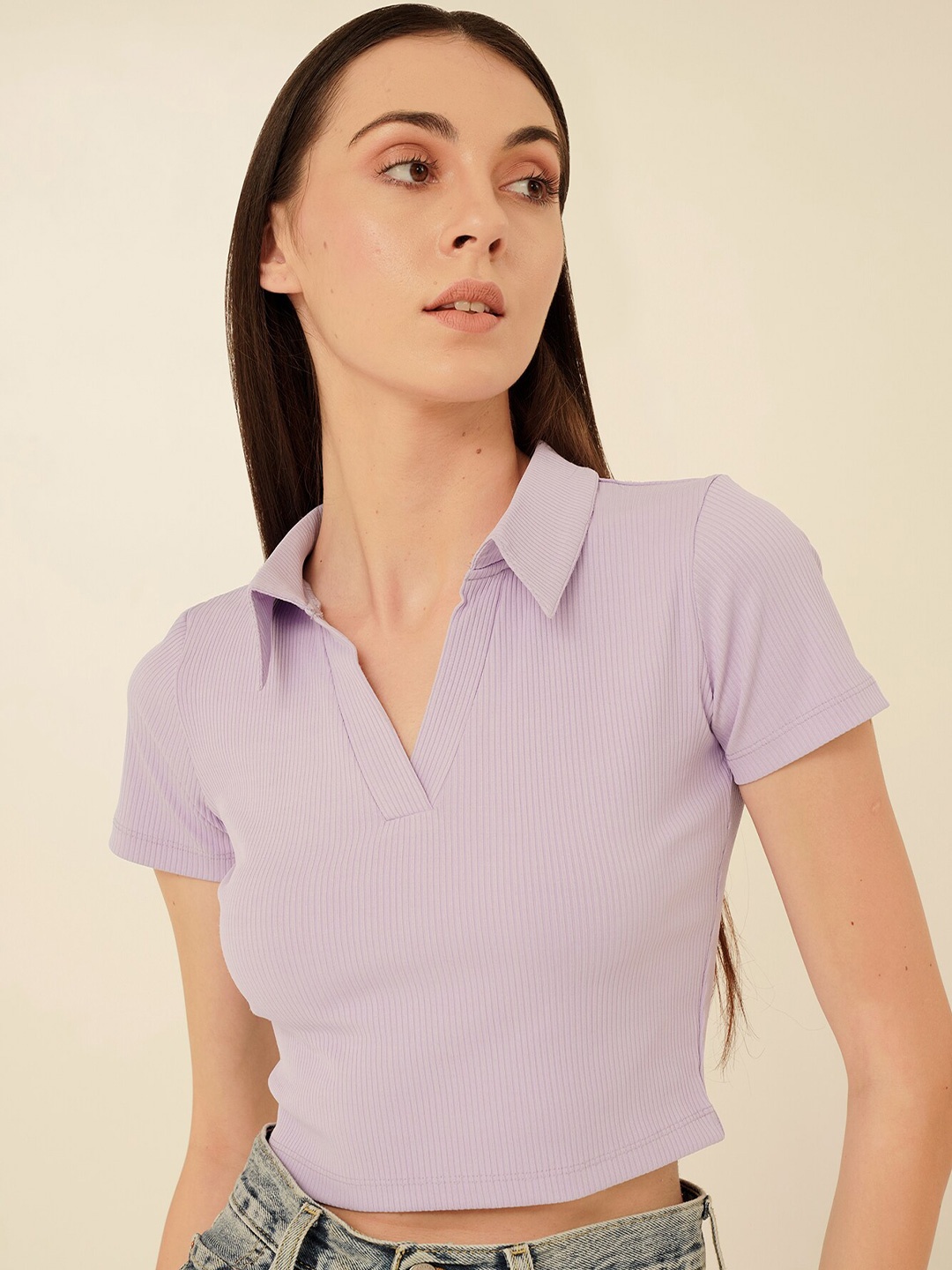 

MYWISHBAG Shirt Collar Short Sleeves Fitted Crop Top, Lavender