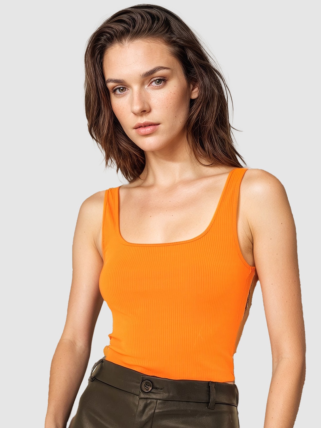 

MYWISHBAG Square Neck Sleeveless Fitted Casual Top, Orange
