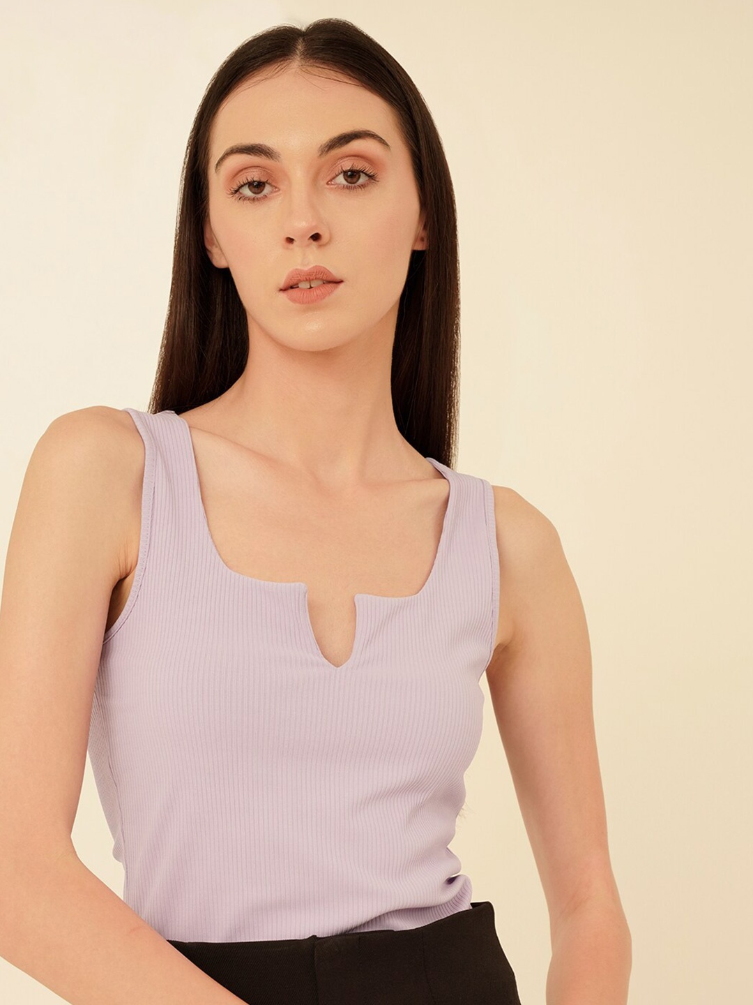 

MYWISHBAG Square Neck Sleeveless Fitted Rip Top, Lavender
