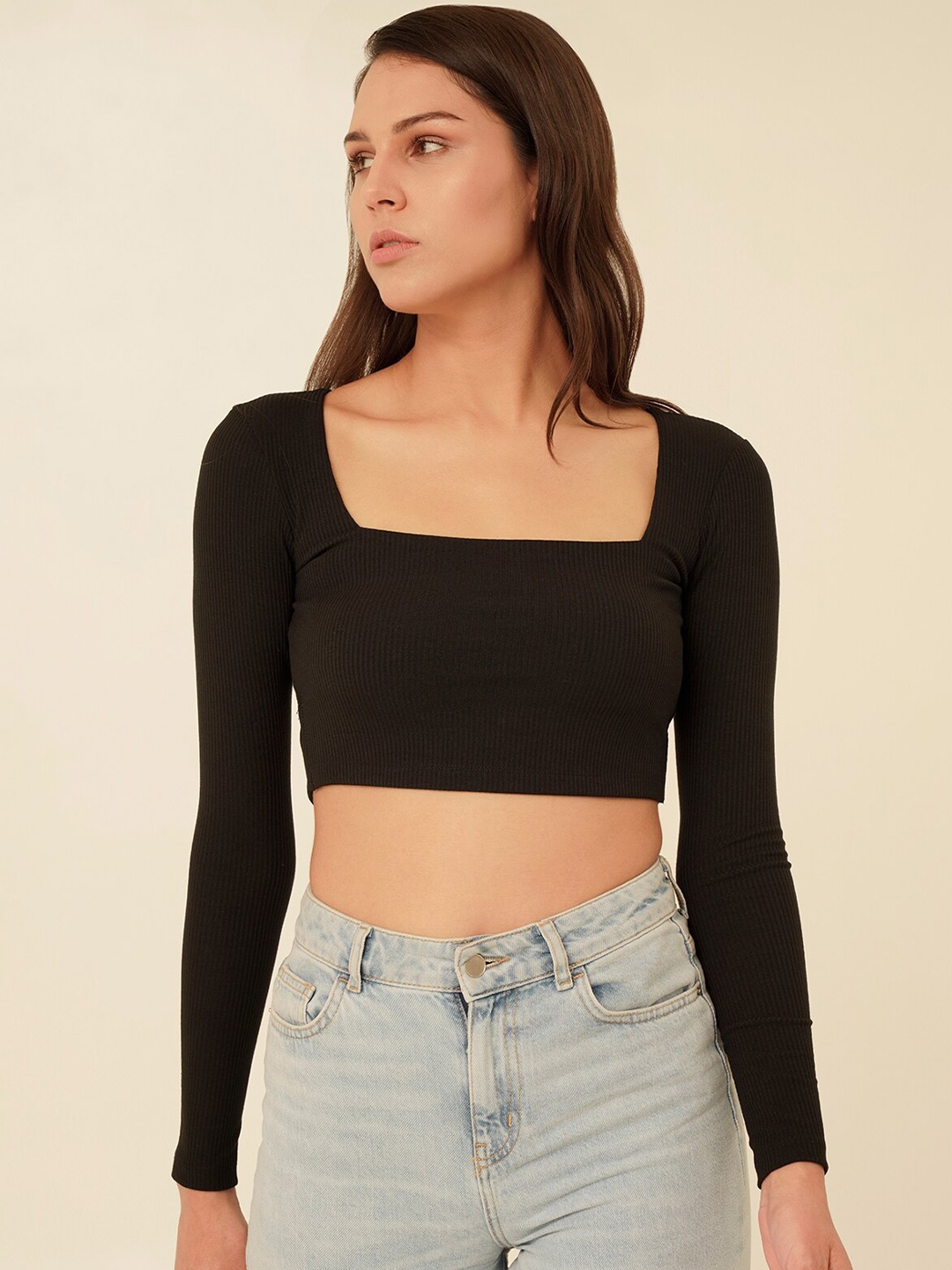 

MYWISHBAG Square Neck Long sleeves Fitted Crop Top, Black