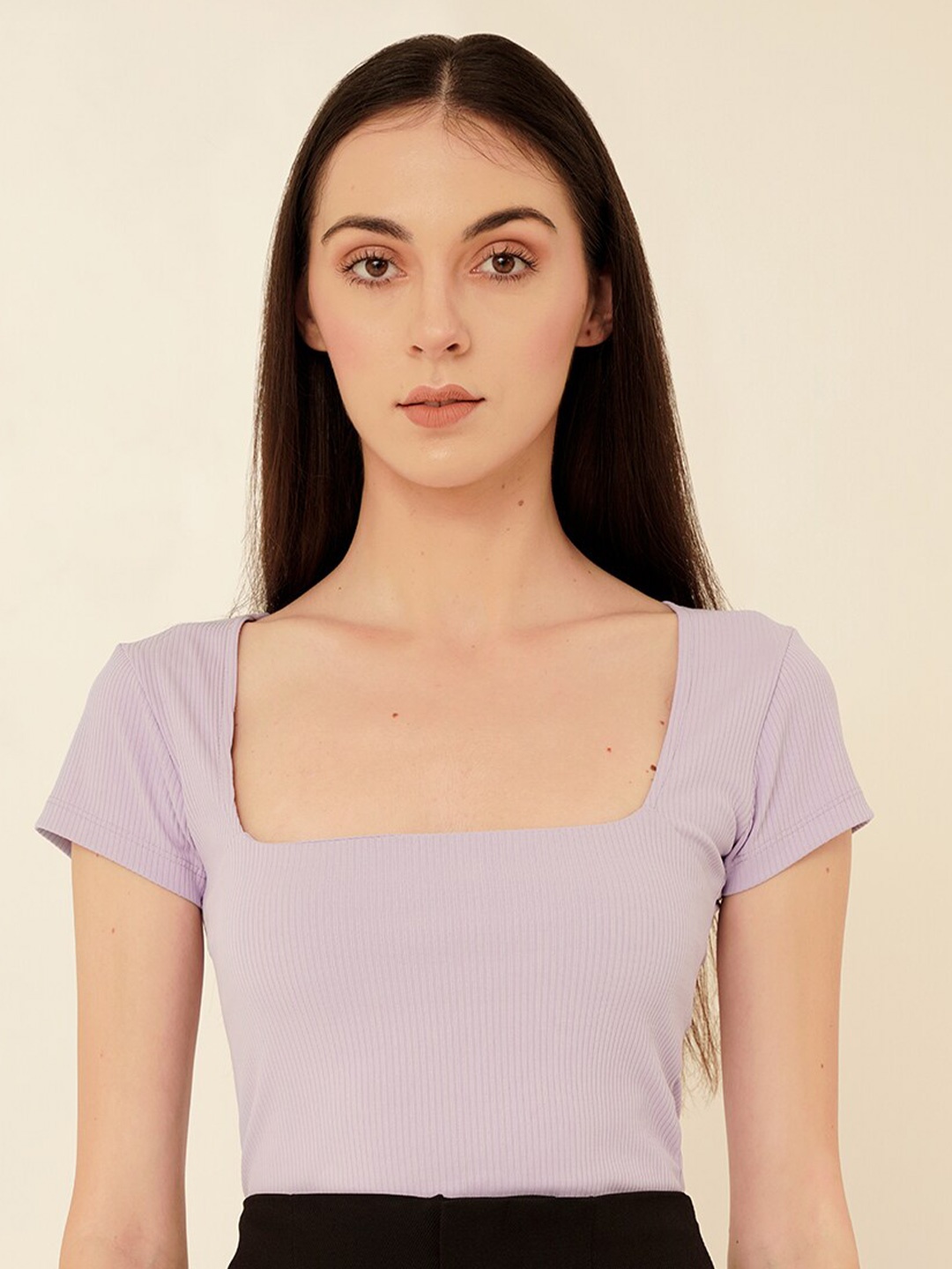 

MYWISHBAG Square Neck Short Sleeves Fitted Rip Top, Lavender