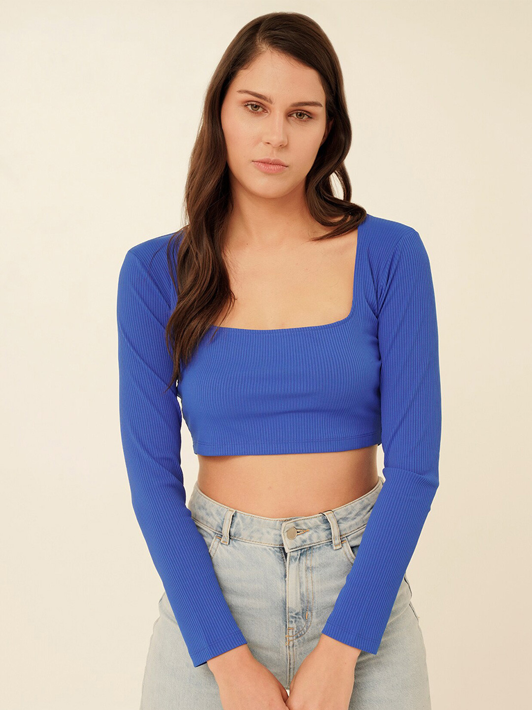 

MYWISHBAG Square Neck Long Sleeves Ribbed Fitted Crop Top, Blue