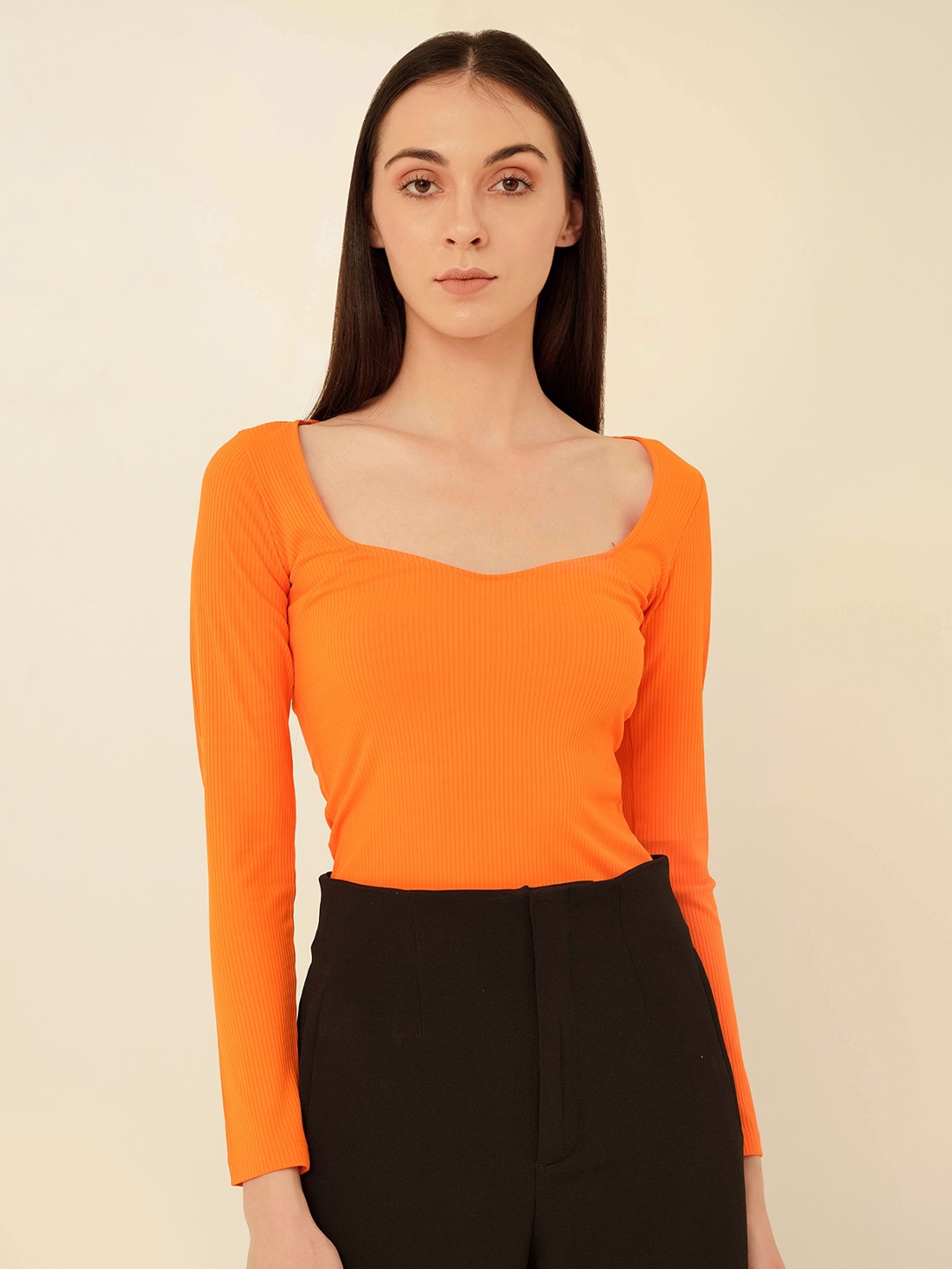 

MYWISHBAG Scoop Neck Long Sleeves Fitted Rip Top, Orange