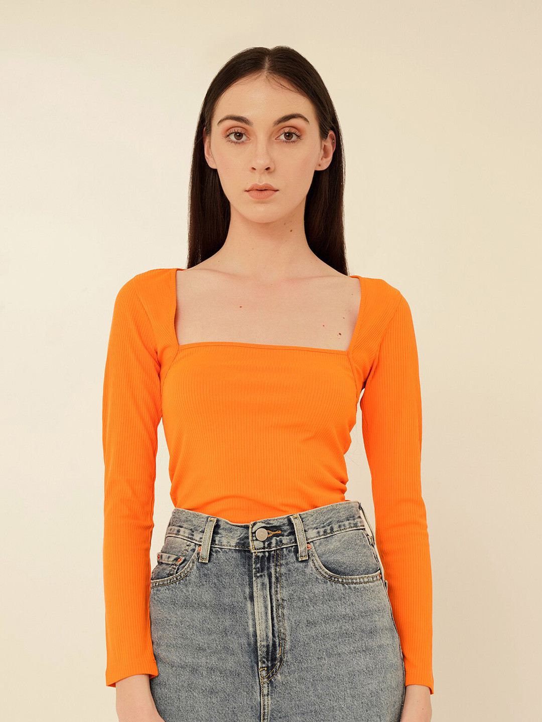 

MYWISHBAG Square-Neck Long Sleeves Top, Orange