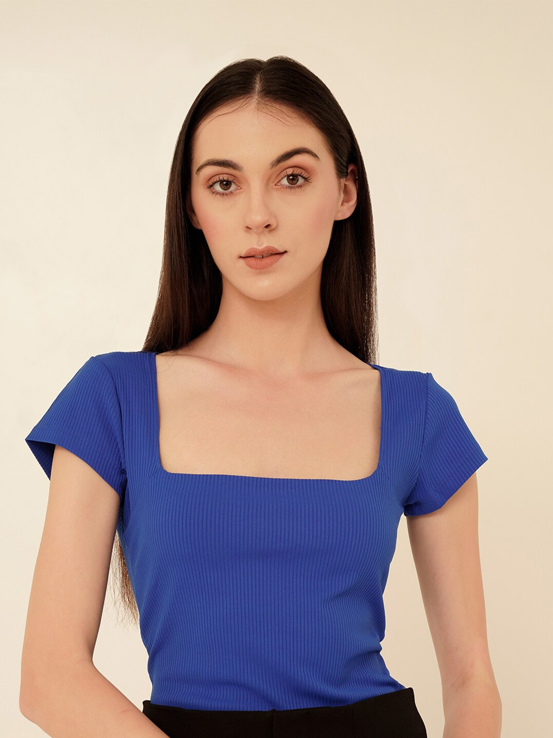 

MYWISHBAG Square Neck Short Sleeves Crop Casual Top, Blue