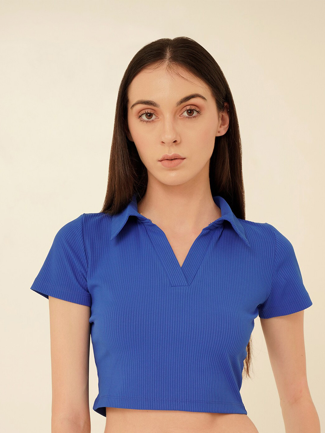 

MYWISHBAG Polo Neck Short Sleeves Crop Top, Blue