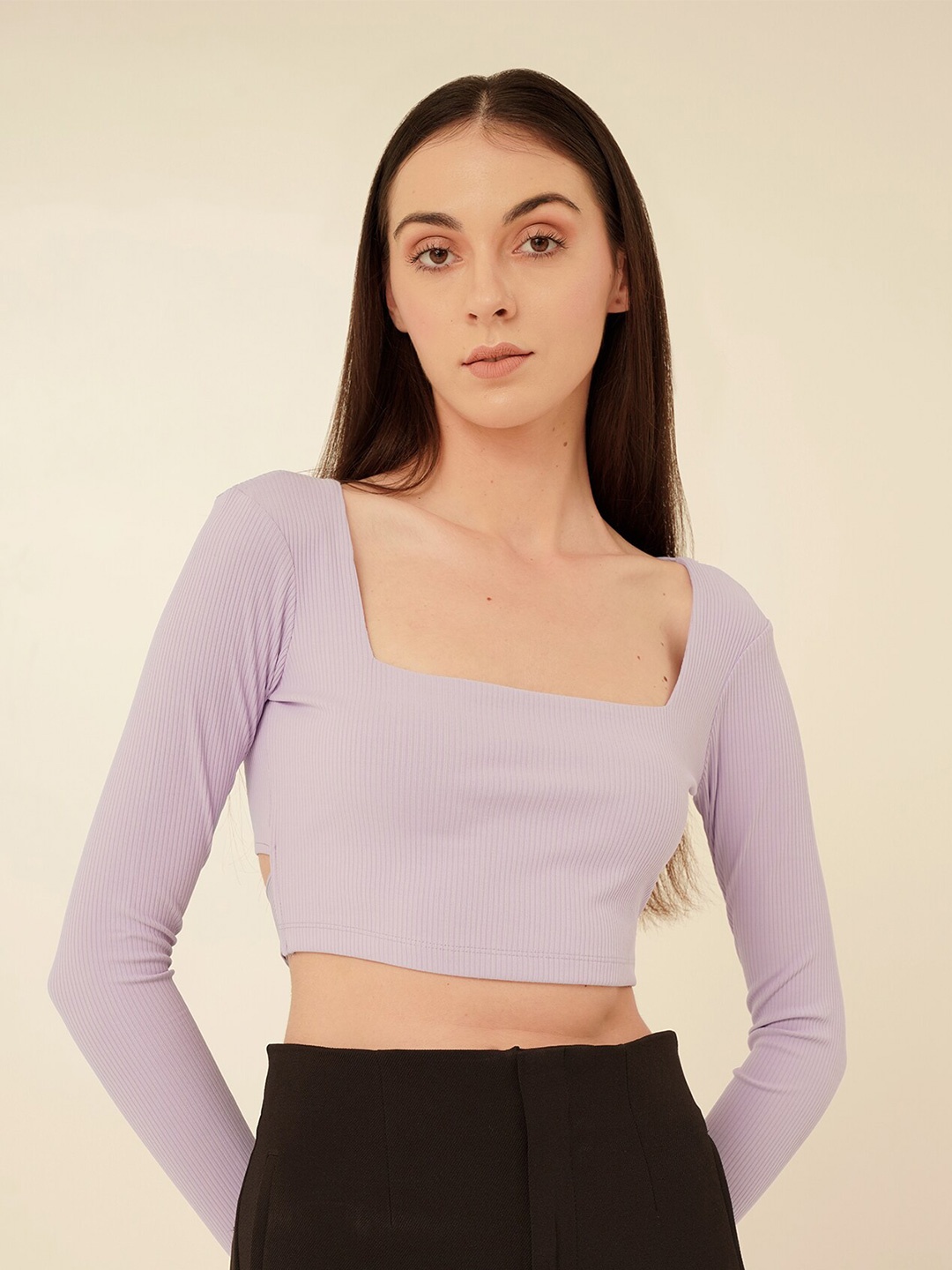 

MYWISHBAG Square Neck Long Sleeves Style Back Crop Top, Lavender