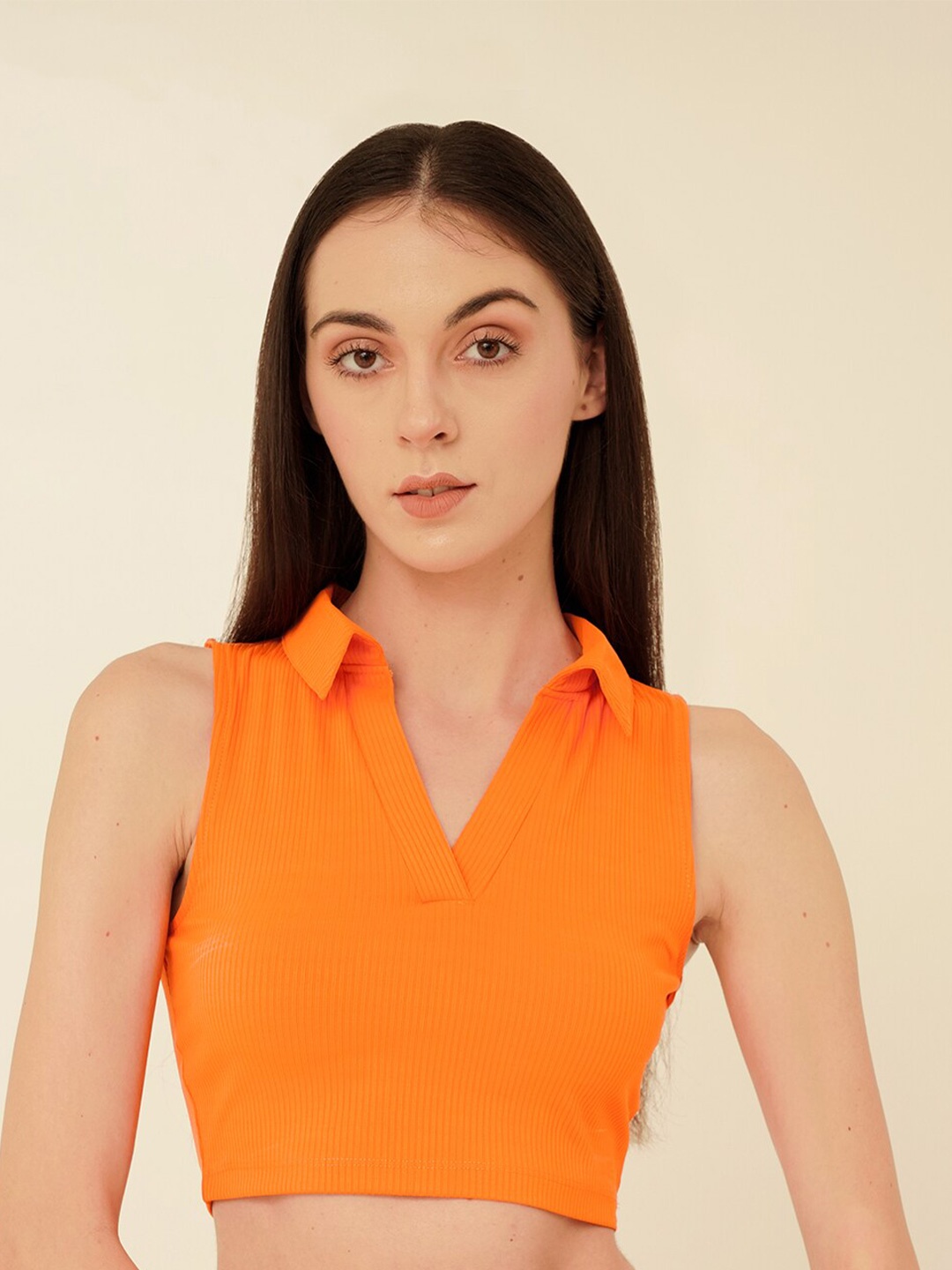 

MYWISHBAG Shirt Collar Sleeveless Fitted Crop Top, Orange