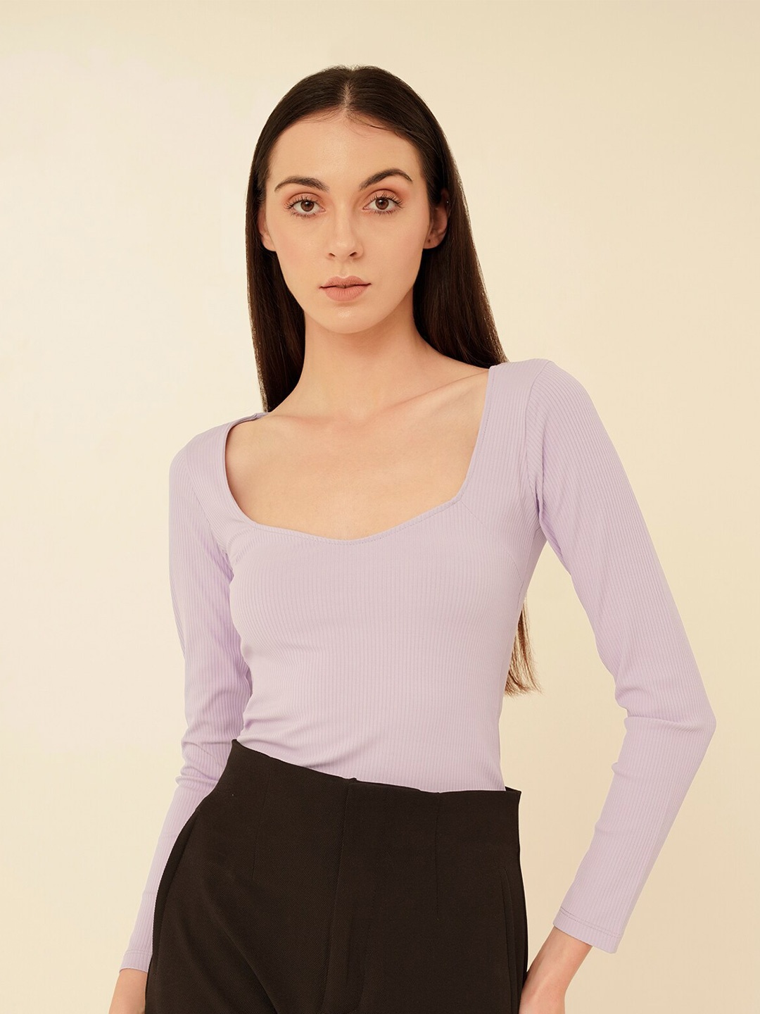 

MYWISHBAG Scoop Neck Long Sleeves Fitted Rip Top, Lavender