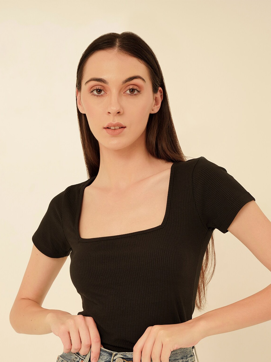 

MYWISHBAG Square Neck Short Sleeves Ribbed Fitted Top, Black