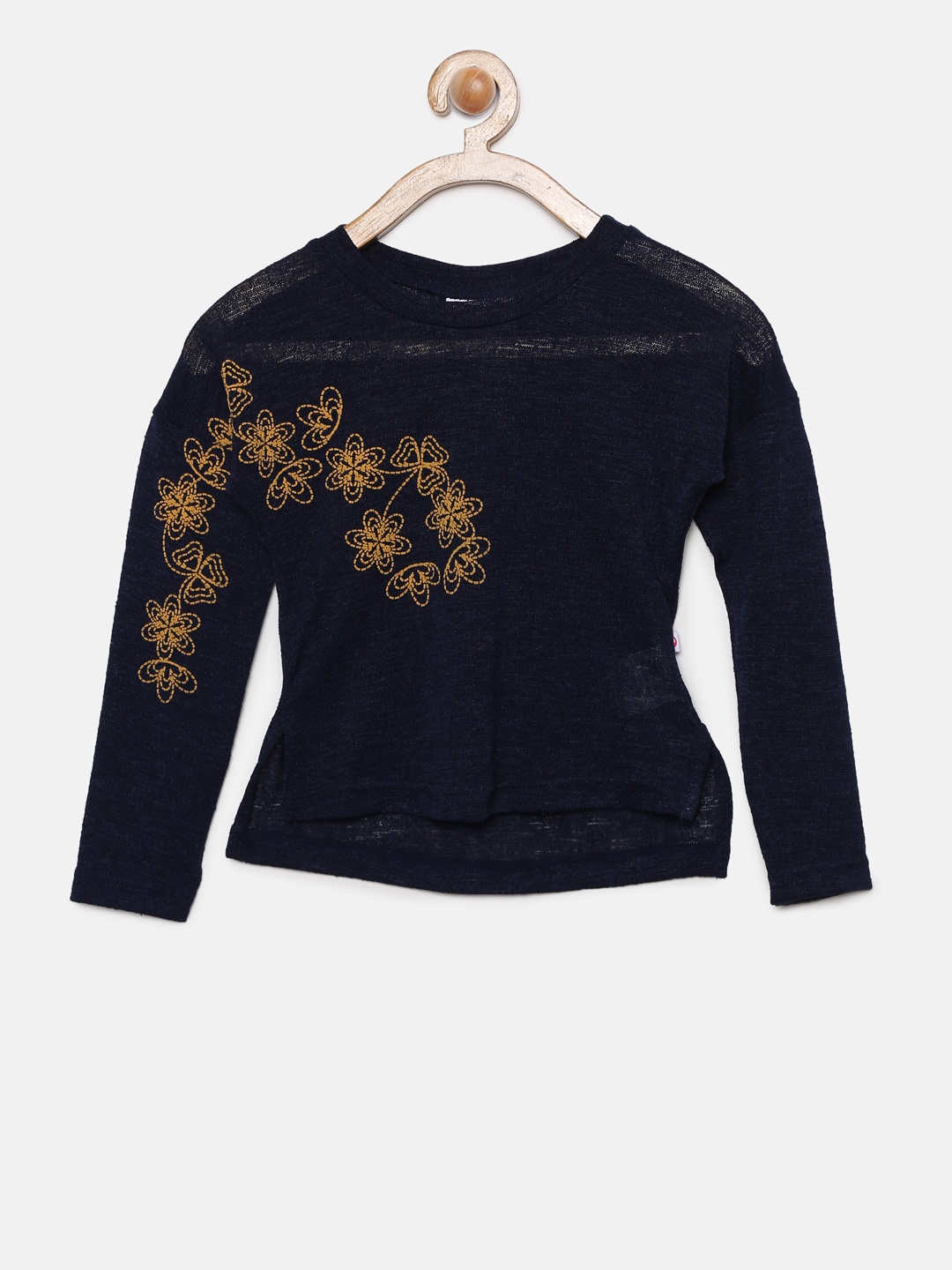 

Peppermint Girls Navy Blue Self Design Top with Floral Print Detail