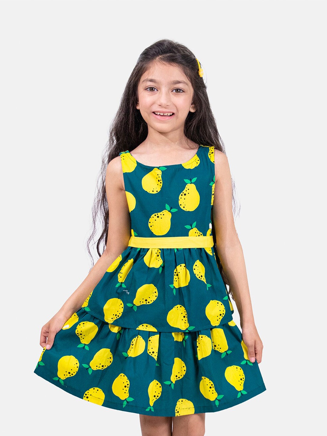 

Whistle & Hops Girls Conversational Printed Tiered Pure Cotton Fit & Flare Dress, Green