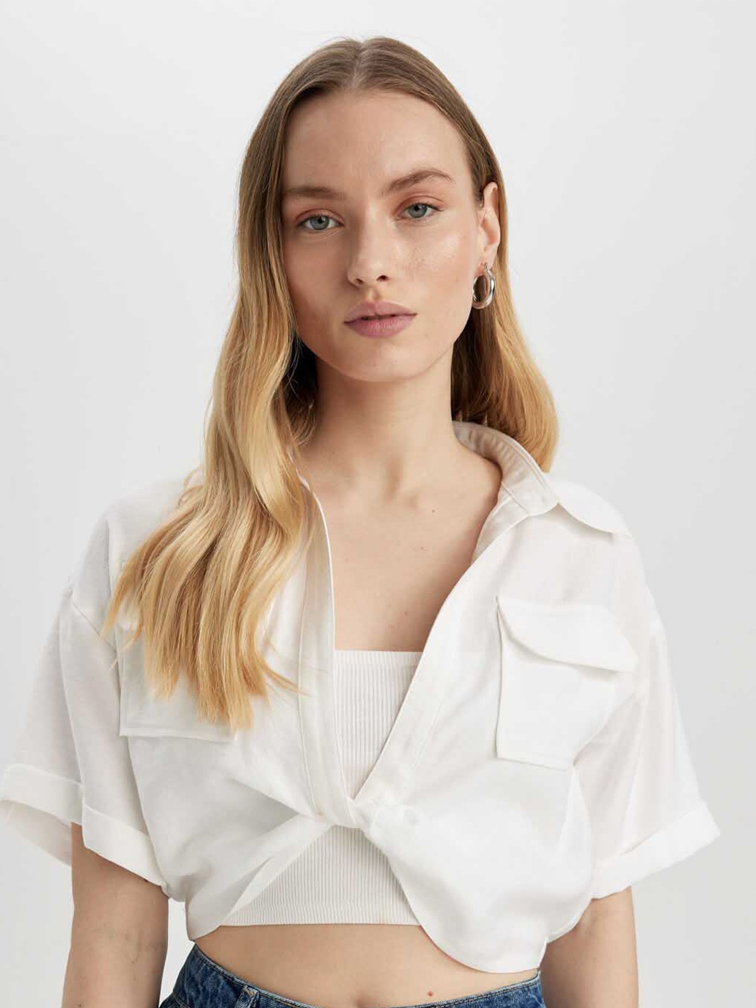 

DeFacto Drop Sleeve Shirt Style Crop Top, White