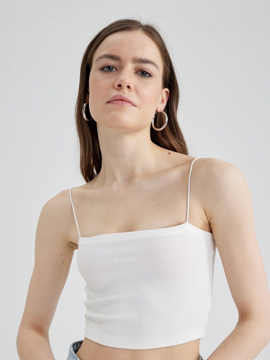 

DeFacto Shoulder Straps Cotton Fitted Crop Top, White