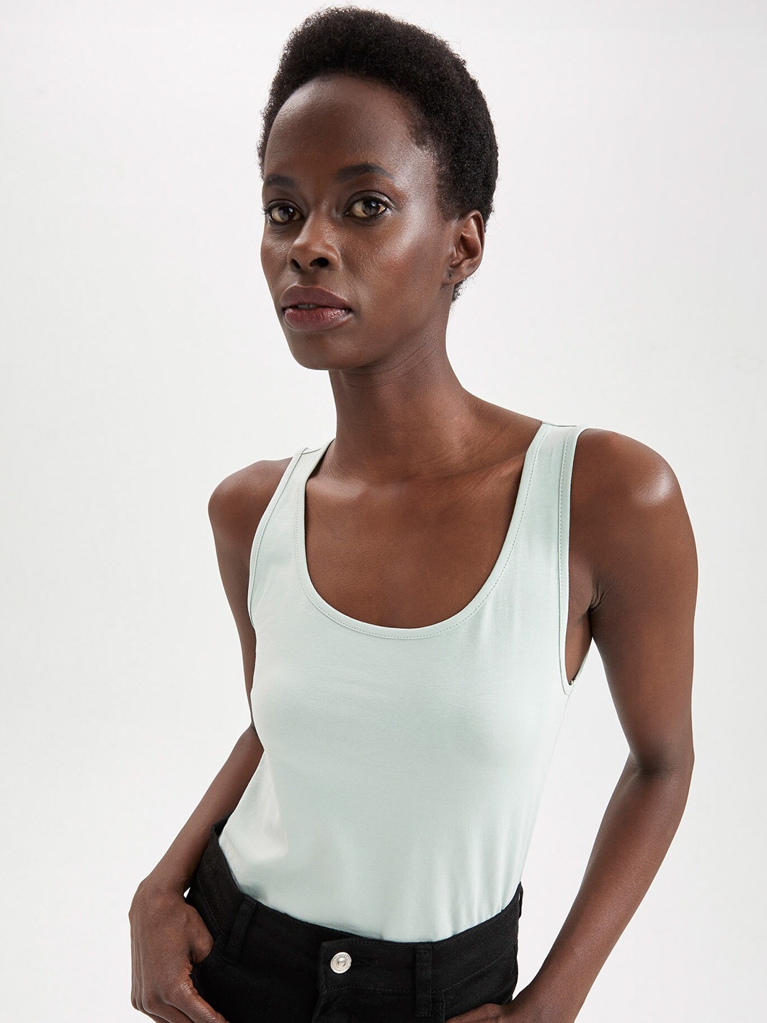 

DeFacto Cotton Scoop Neck Casual Tank Top, Sea green