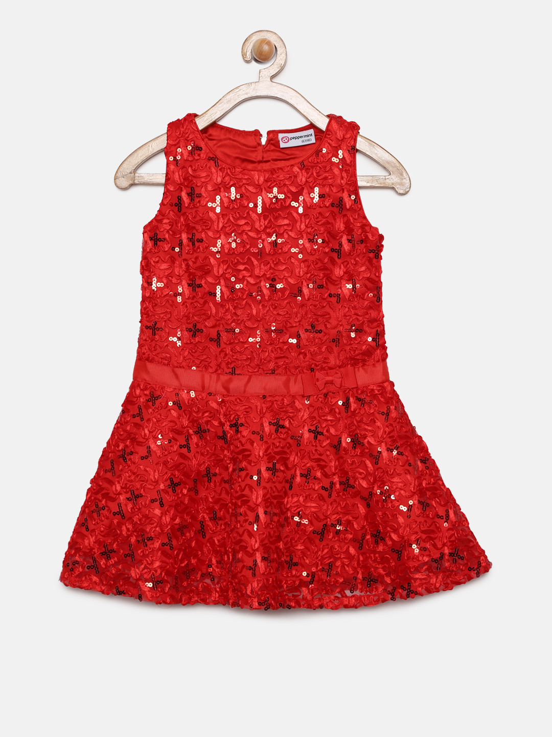 

Peppermint Girls Red Self Design Fit and Flare Dress
