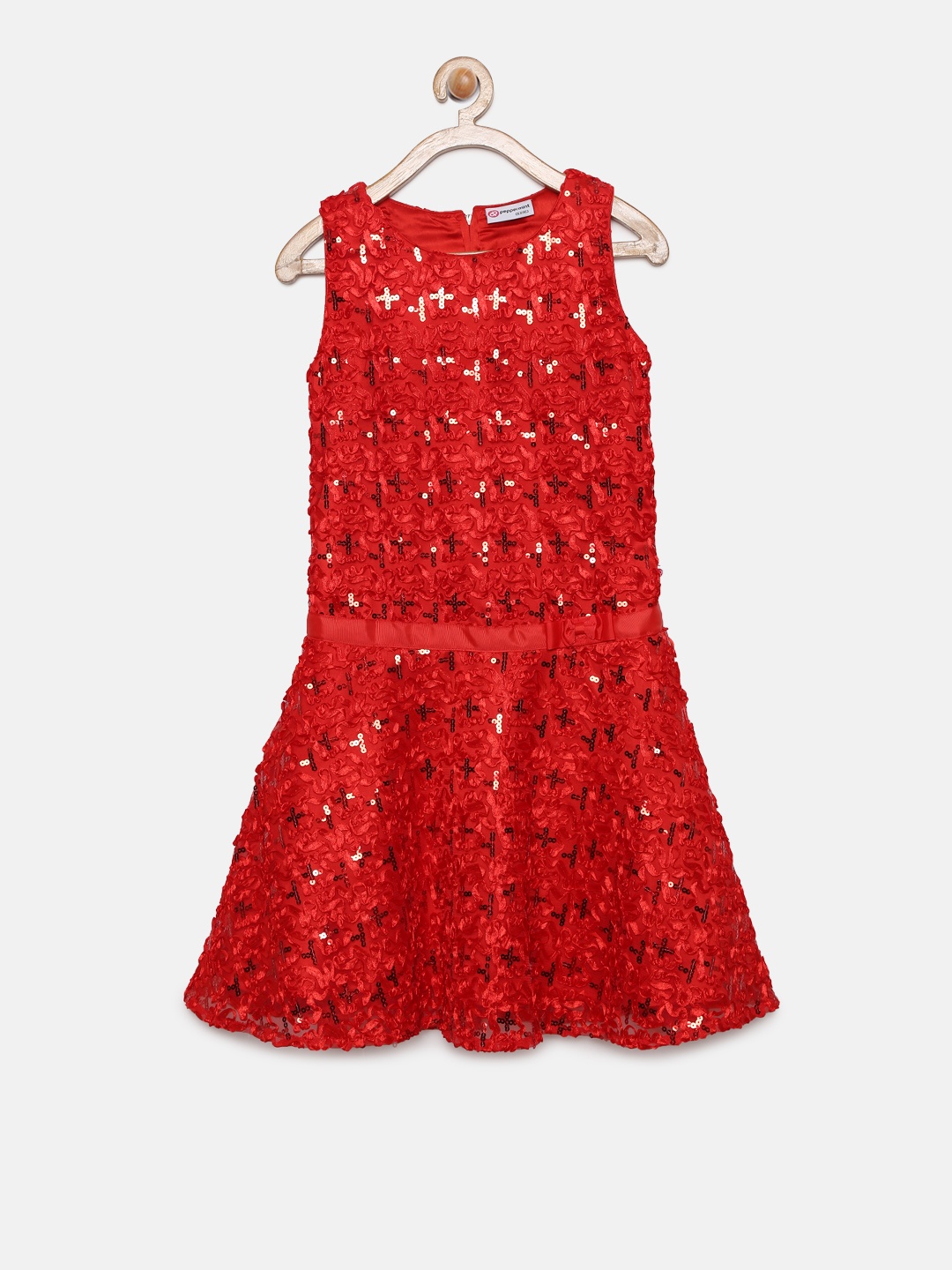 

Peppermint Girls Red Self Design Fit and Flare Dress