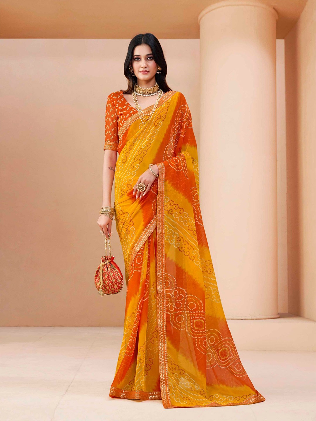 

Sangria Bandhani Printed Chiffon Saree, Orange