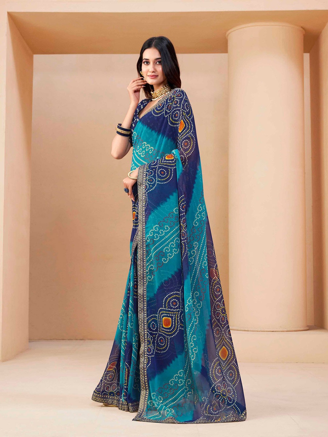 

Sangria Bandhani Printed Chiffon Saree, Blue