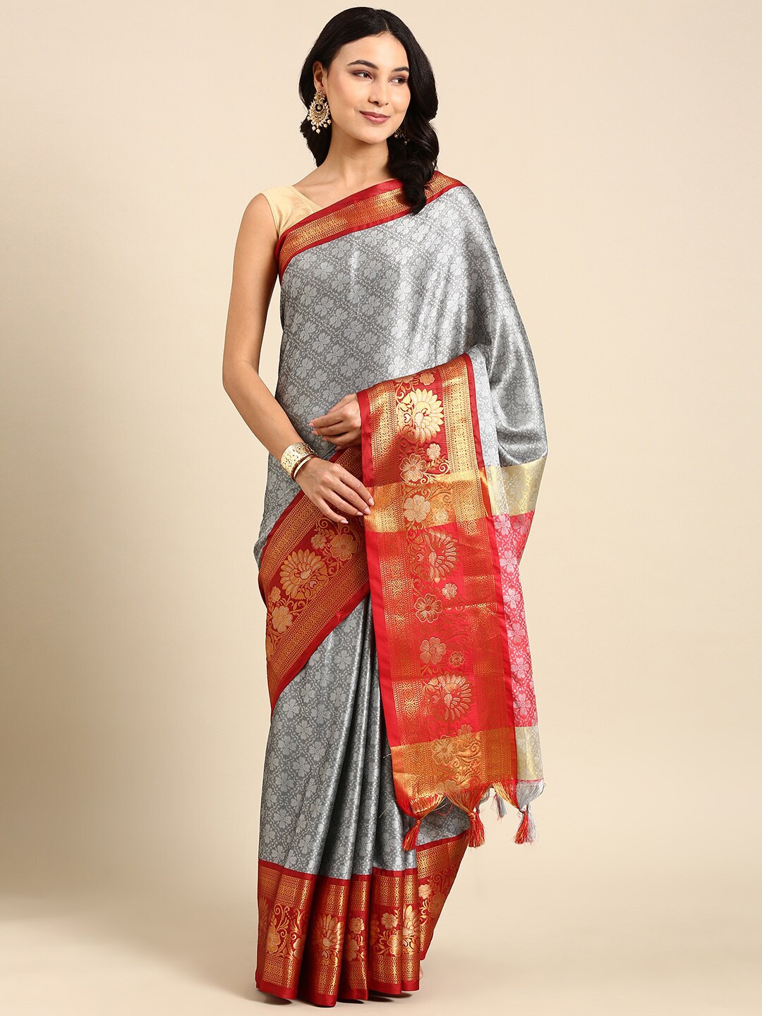 

Anouk Ethnic Motif Silk Blend Kanjeevaram Zari Saree With Blouse Piece, Grey