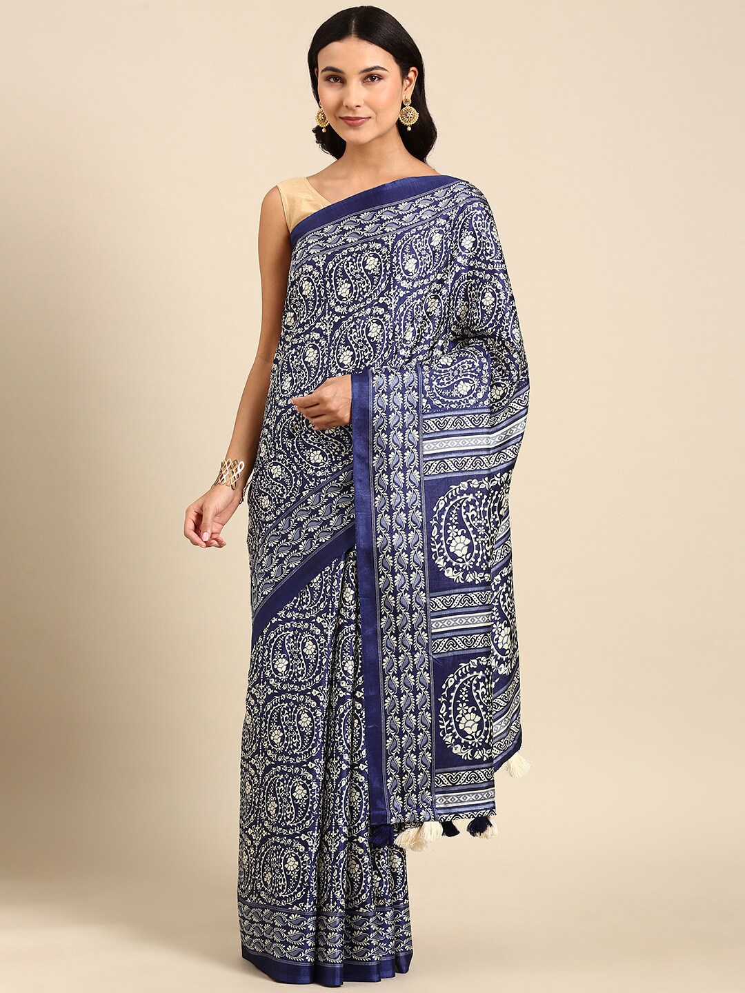 

Anouk Ethnic Motif Silk Blend Patola Saree With Tassel, Navy blue