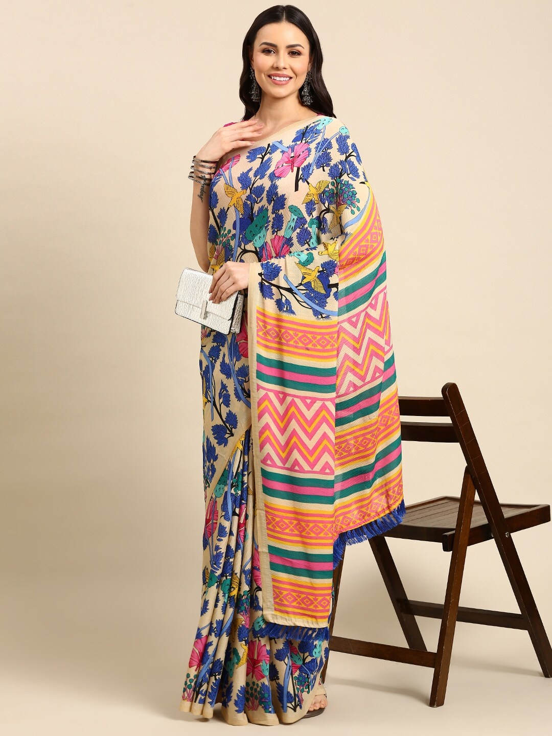 

Anouk Cream-Coloured & Blue Floral Printed Pure Chiffon Saree