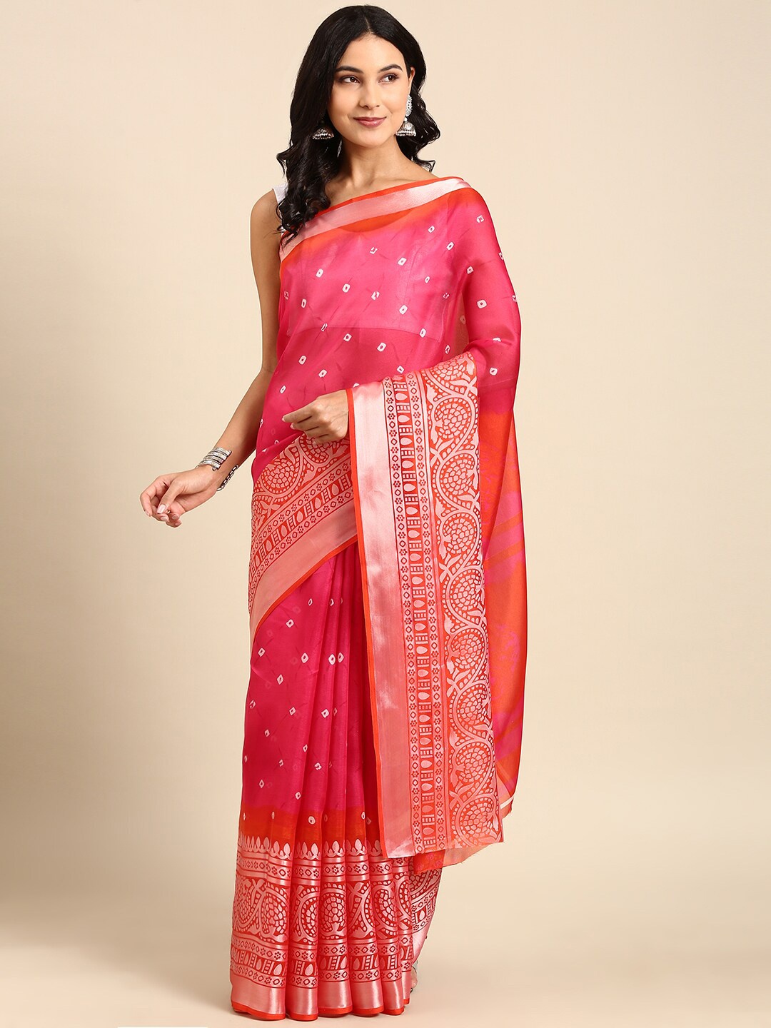

Anouk Bandhani Pure Cotton Zari Saree With Blouse Piece, Magenta