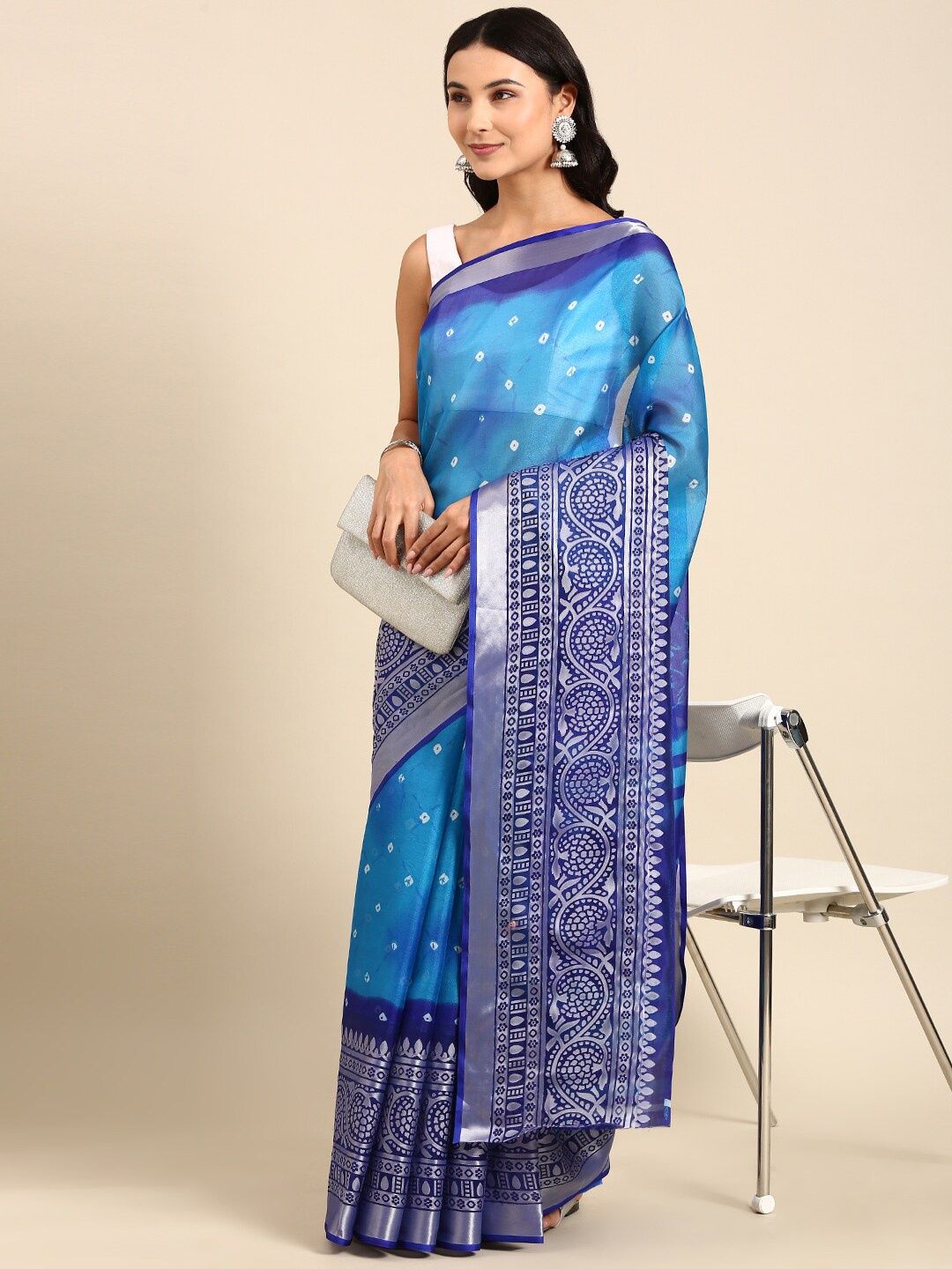 

Anouk Bandhani Pure Cotton Zari Saree With Blouse Piece, Turquoise blue