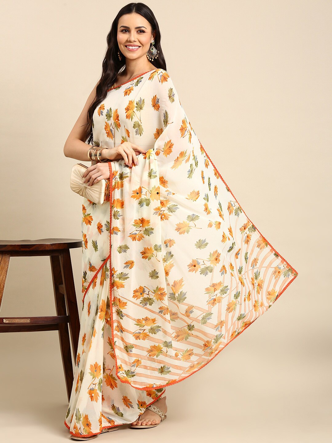 

Anouk Floral Pure Georgette Saree With Blosue Piece, Cream