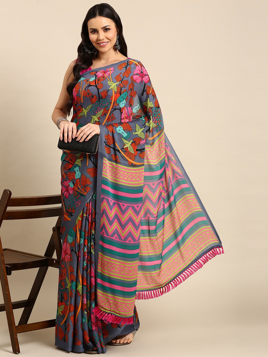 

Anouk Grey & Red Floral Printed Pure Chiffon Saree