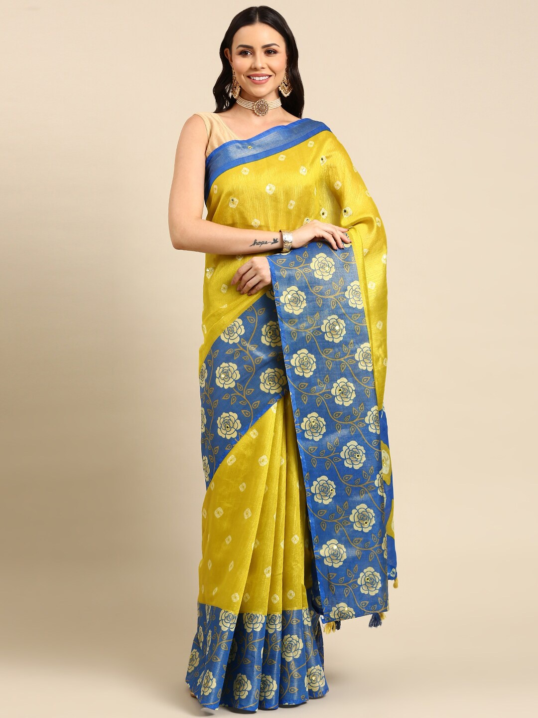 

Anouk Lime Green & Blue Ethnic Motifs Zari Pure Cotton Saree