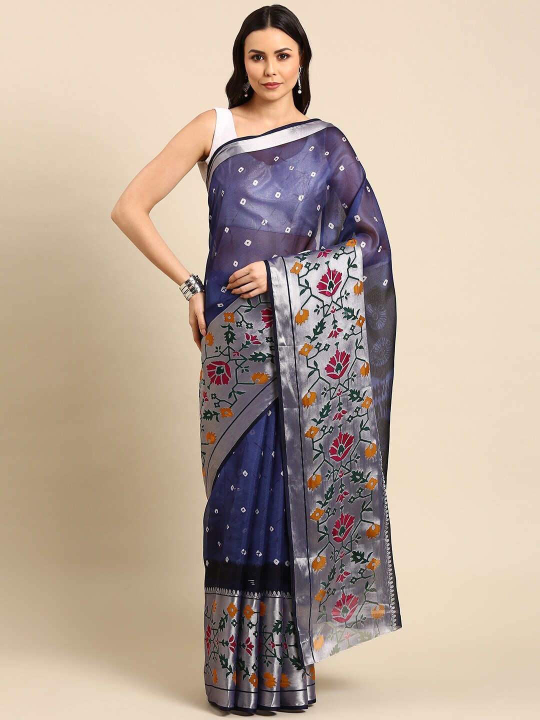 

Anouk Navy Blue & Pink Bandhani Zari Pure Cotton Saree