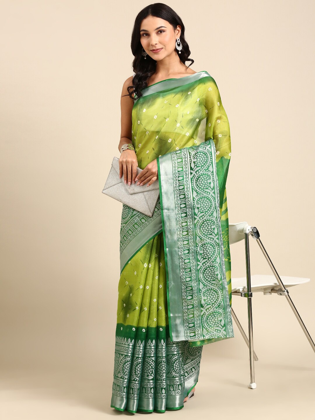 

Anouk Bandhani Pure Cotton Zari Saree With Blouse Piece, Lime green