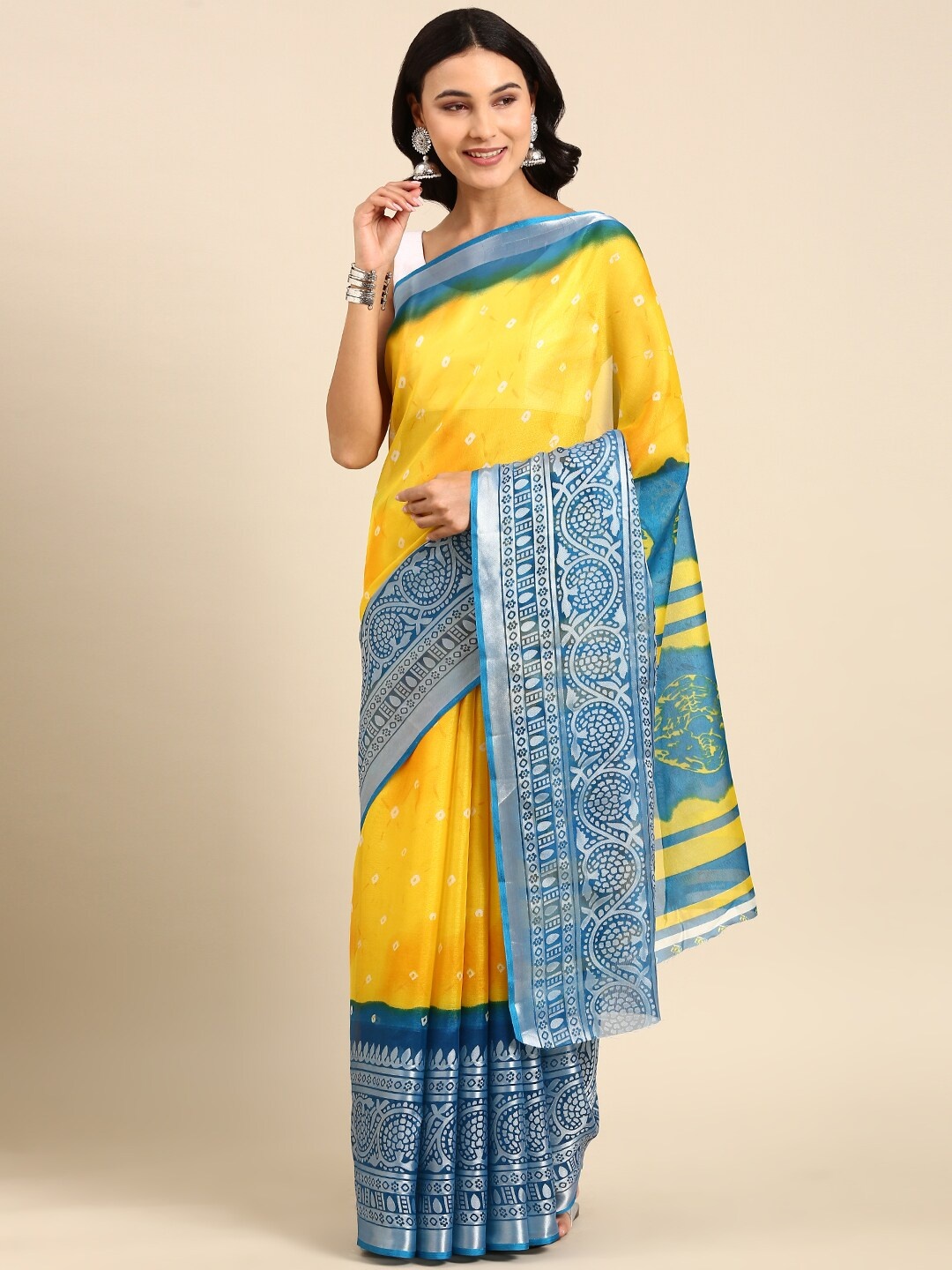 

Anouk Yellow & Blue Bandhani Zari Pure Cotton Saree