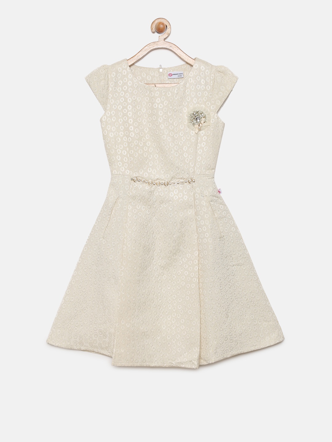 

Peppermint Girls Cream-Coloured Self Design Fit and Flare Dress